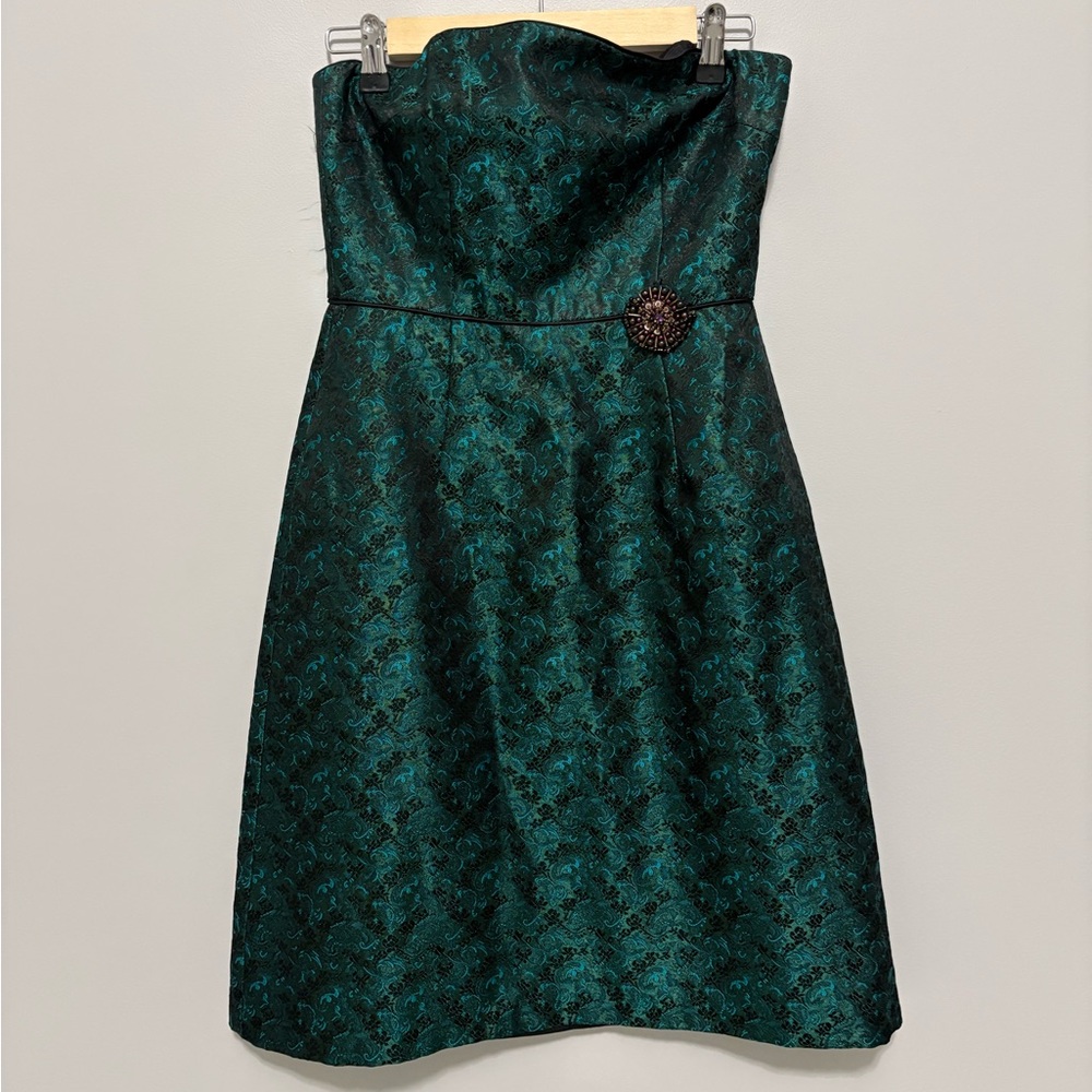 Vintage Y2K 90’s Strapless Whimsigoth Emerald Brocade Cocktail Dress